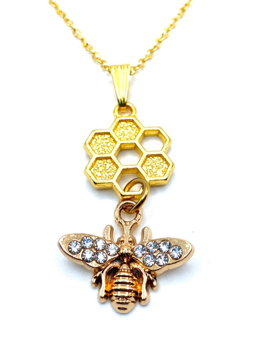 Honeycomb Bee Necklace Two Tone Rhinestone